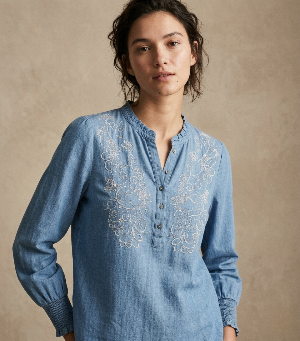 Blau bestickte Bluse