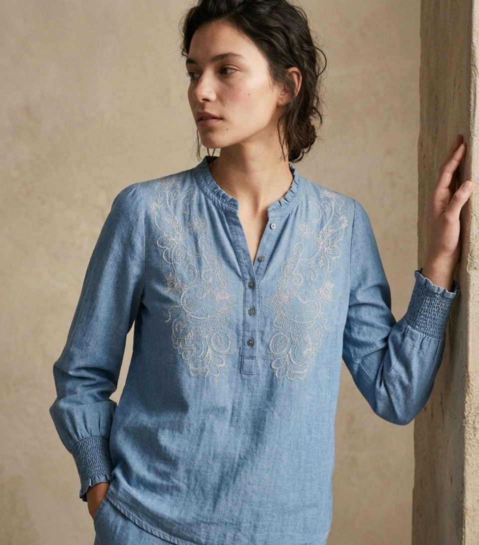 Blau bestickte Bluse