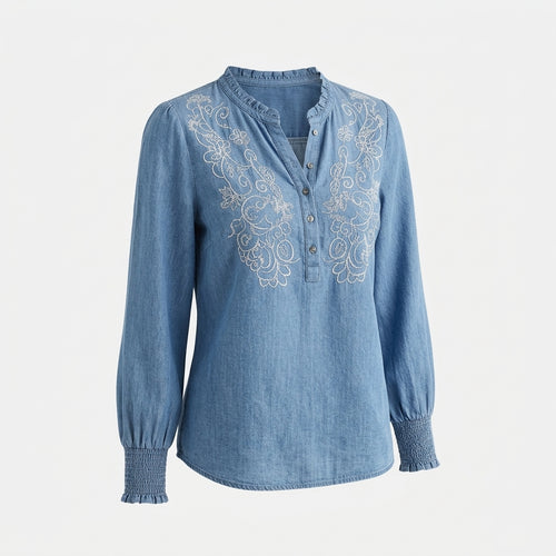 Blau bestickte Bluse